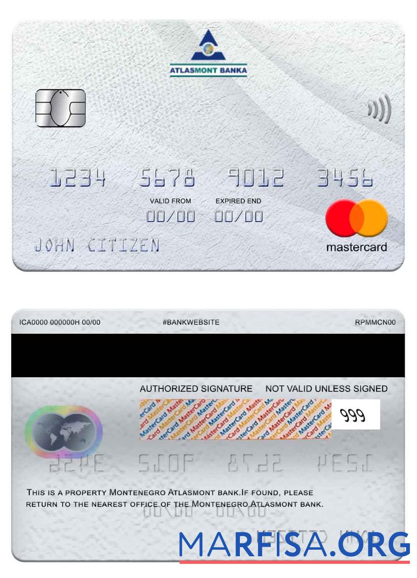 Blank Montenegro Atlasmont Bank mastercard sample